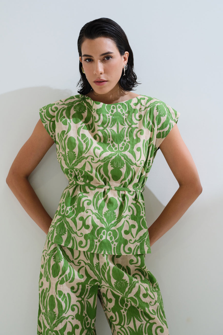 Printed blouse with matching belt