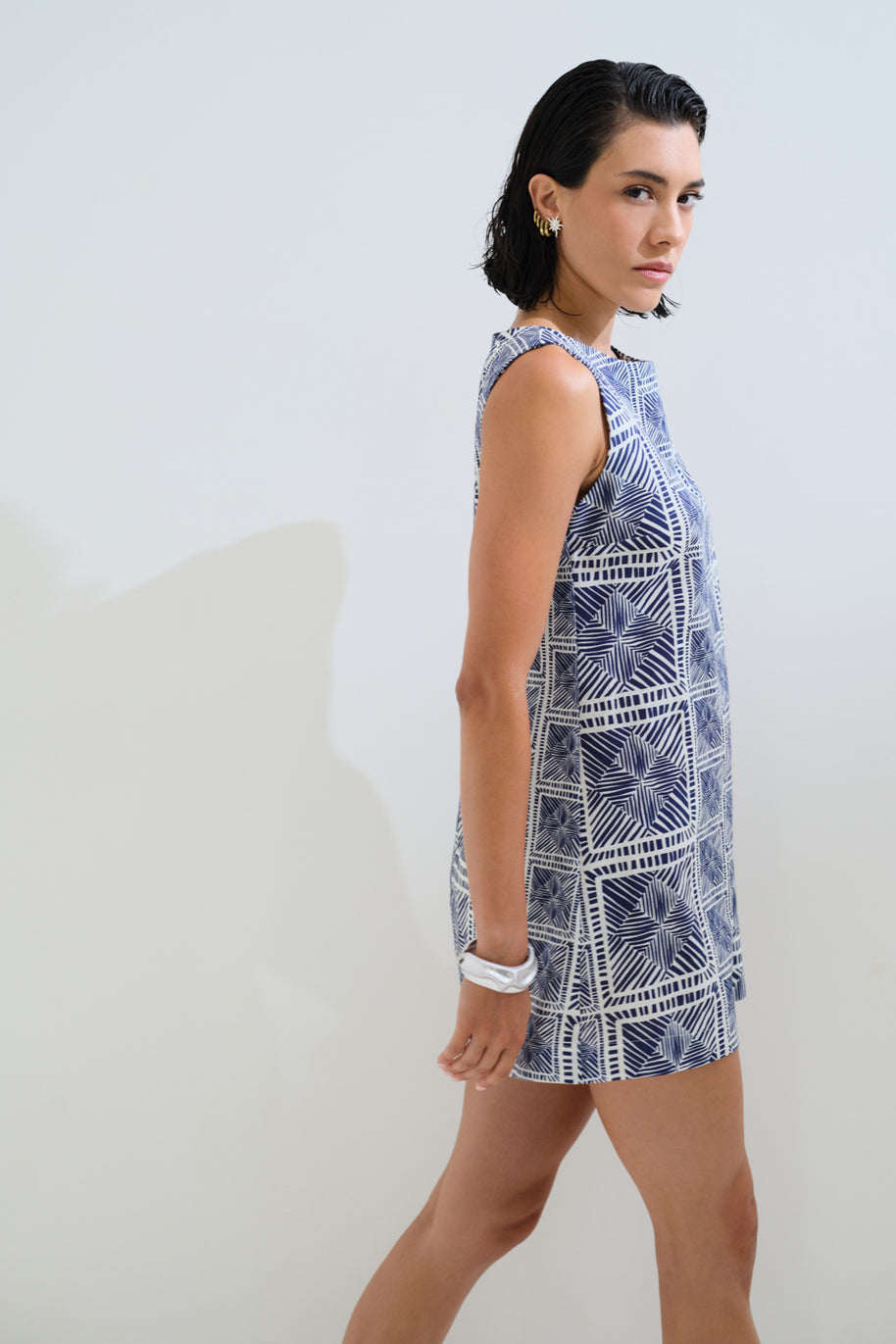 Linen mini dress blue-white print