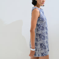 Linen mini dress blue-white print