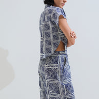 linen long shorts blue-white