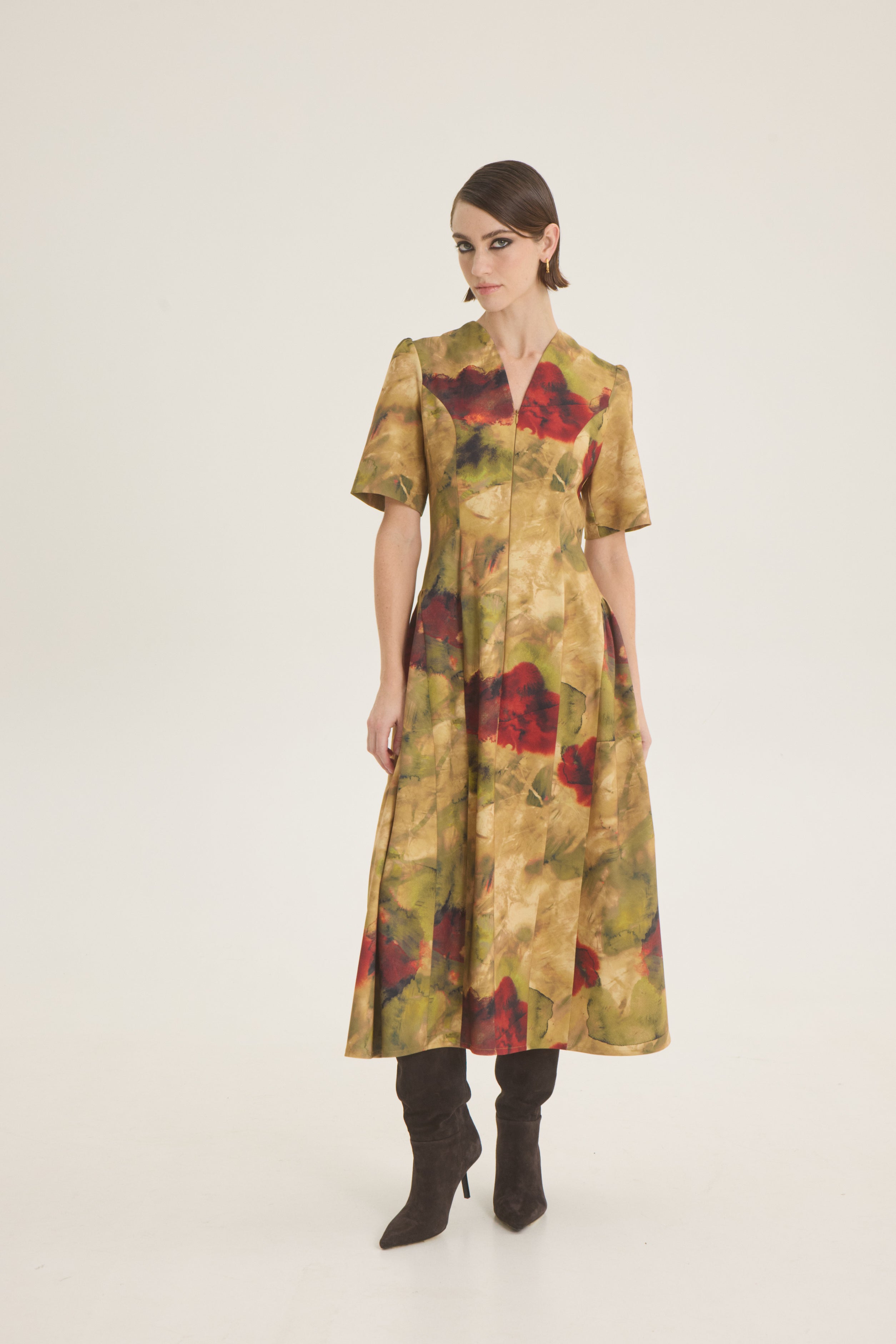 Printed ruffled side dress