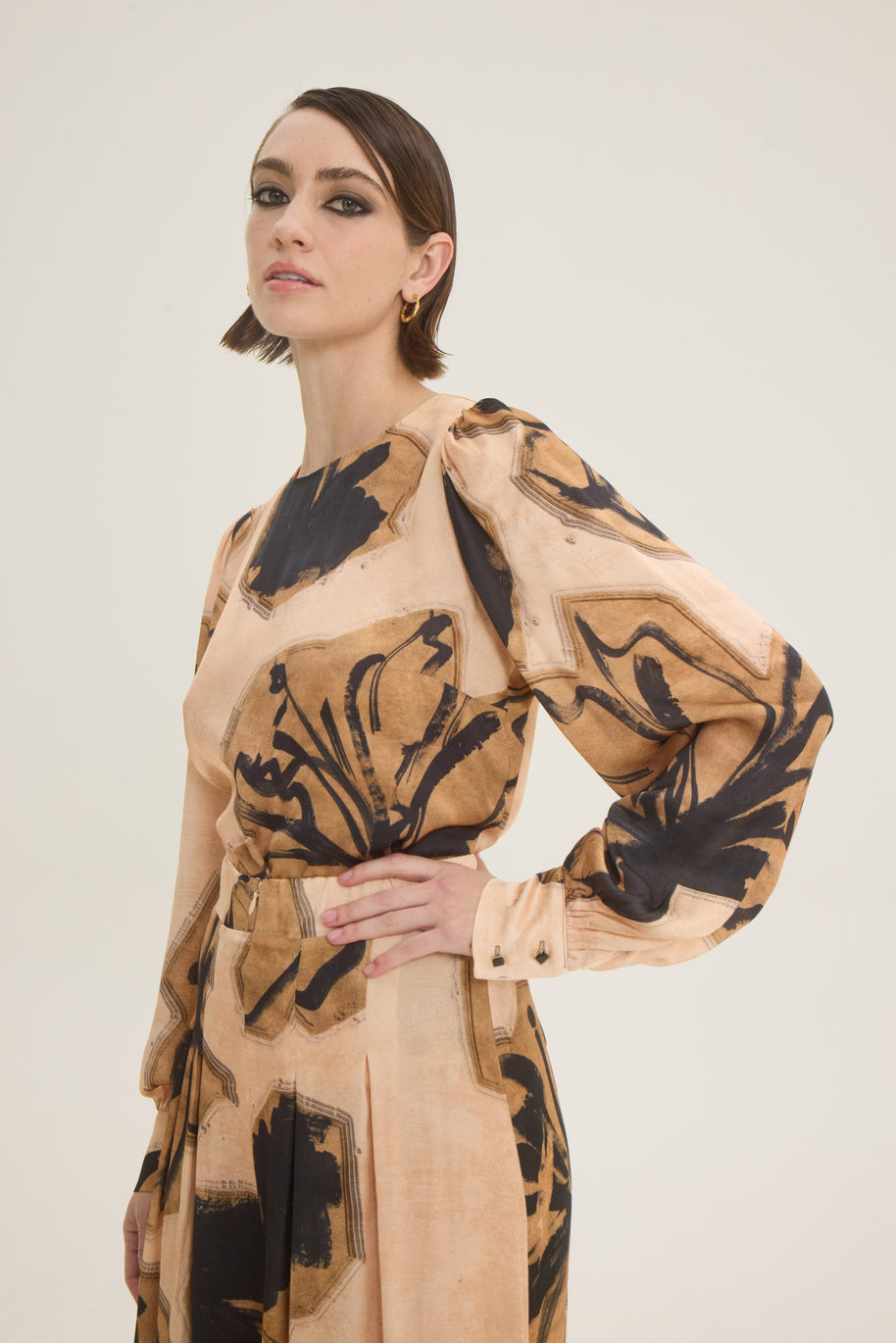 Beige-black printed blouse