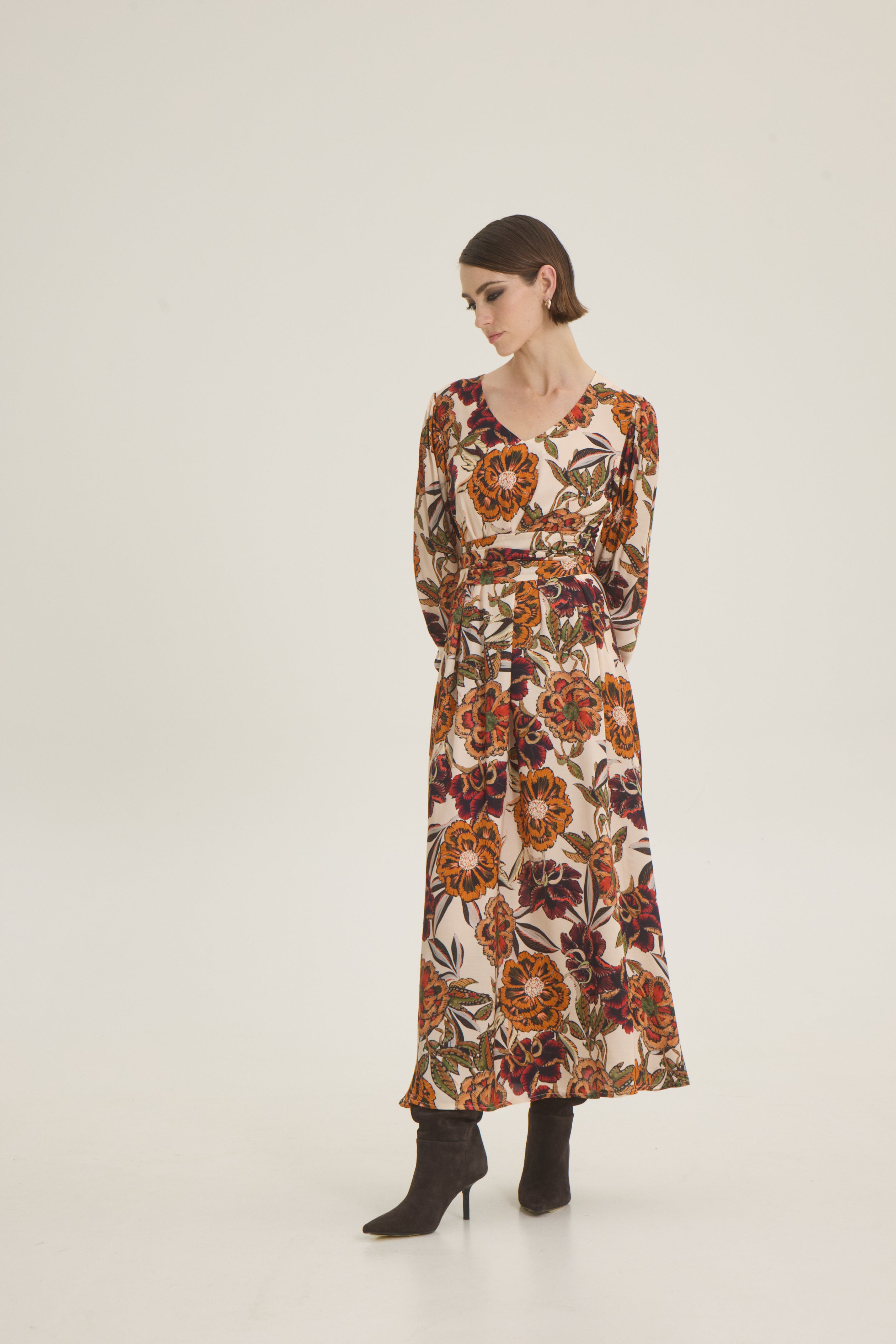 Midi floral dress with belt
