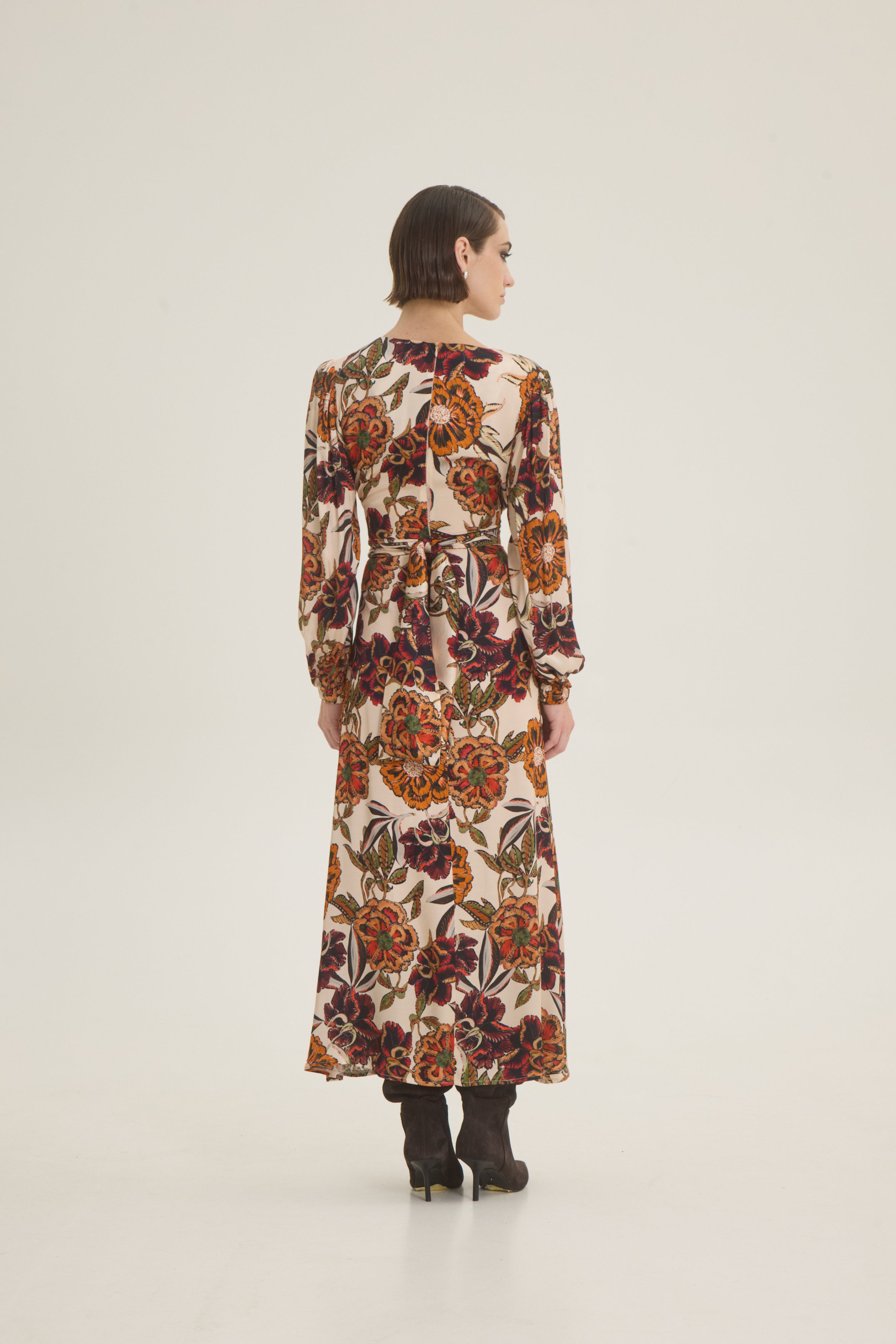 Midi floral dress with belt