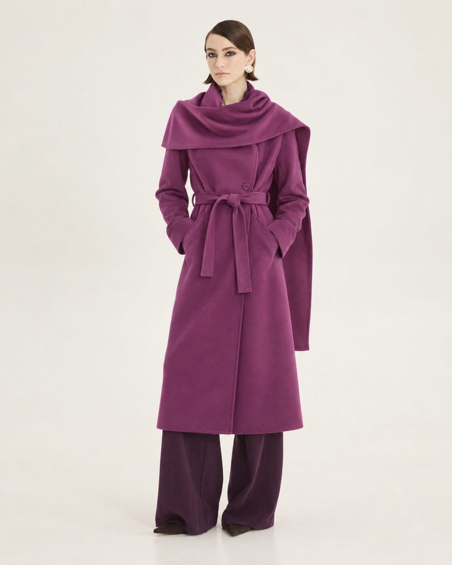 Belted scarf-detailed coat