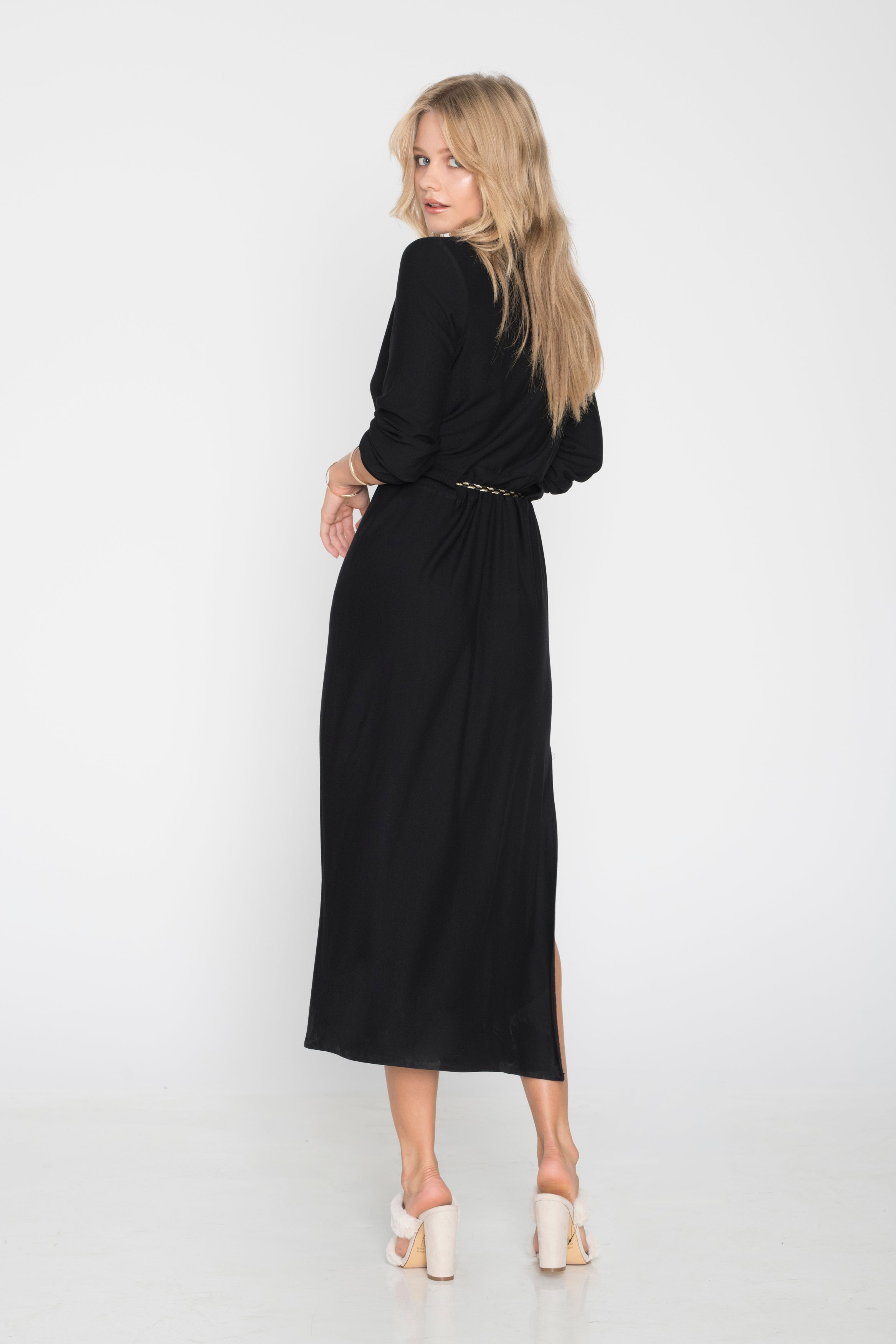 Midi Dress with Gold Belt at the Waist