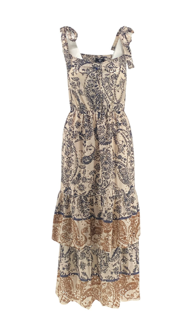 Sleeveless Blue Brown Dress with Lace