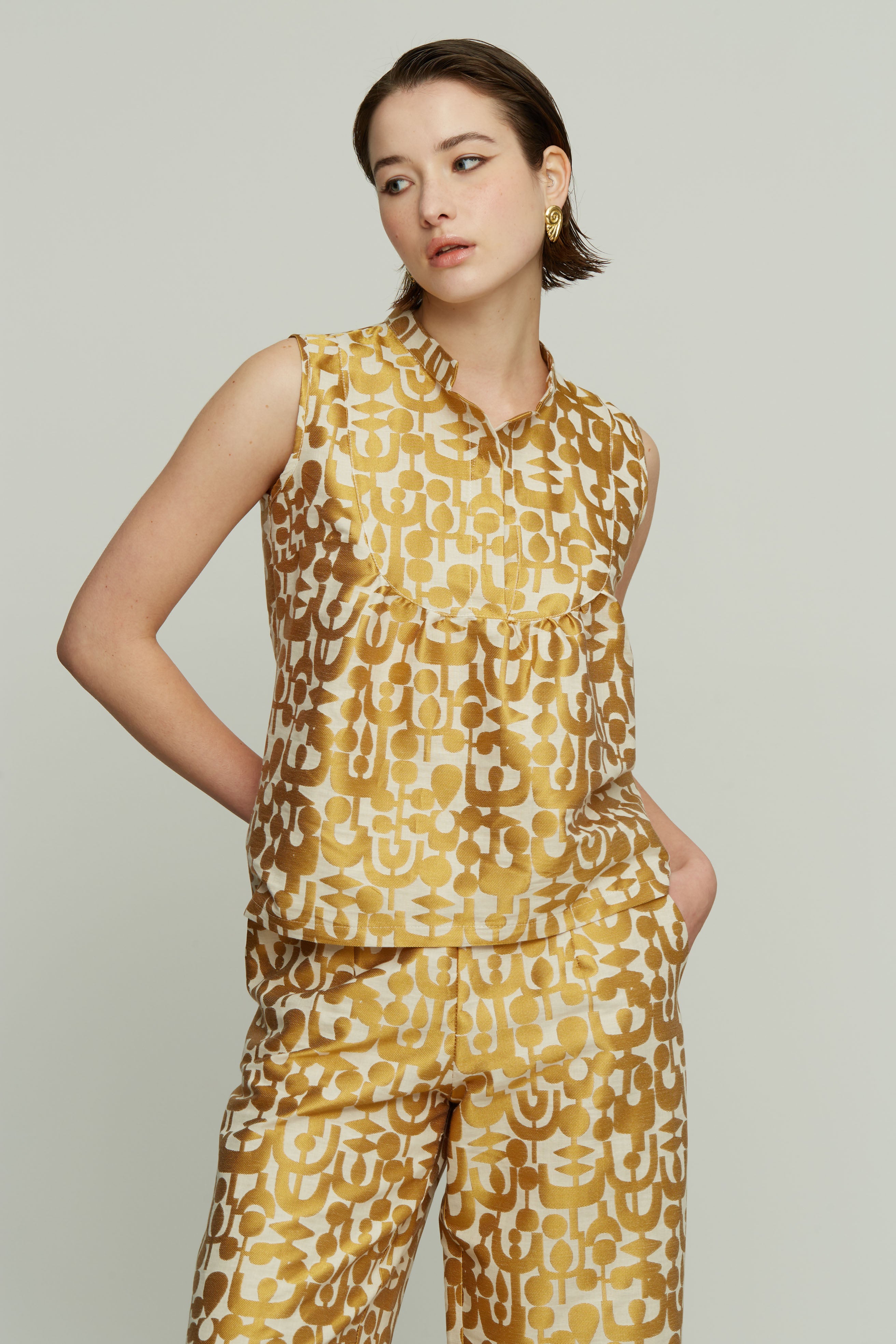 Sleeveless Blouse with Geometric Patterns